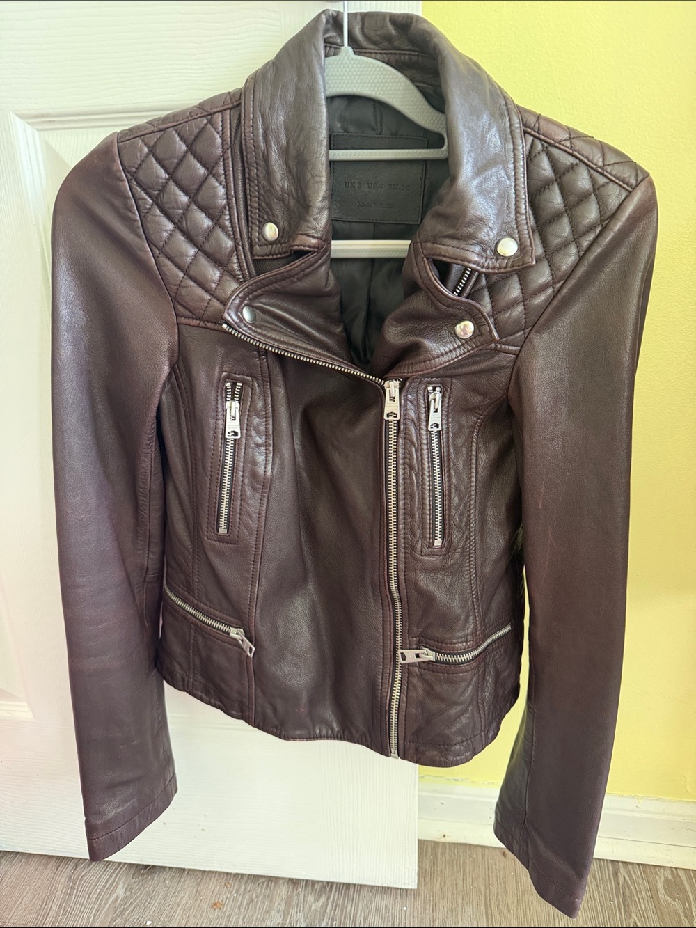 AllSaints Quilted Shoulder Leather Moto Jacket - Brown
